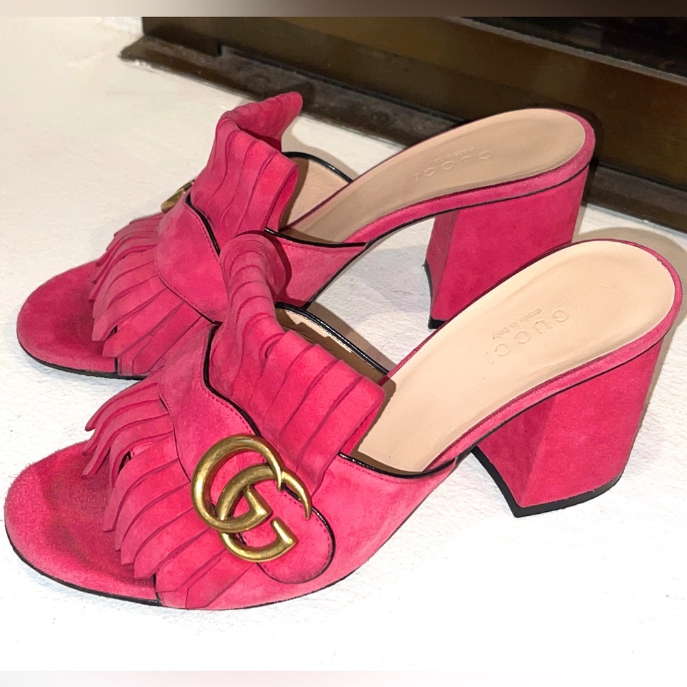 Gucci Hot Pink Suede Fringe Double G Block Heel Mules - Picture 4 of 16